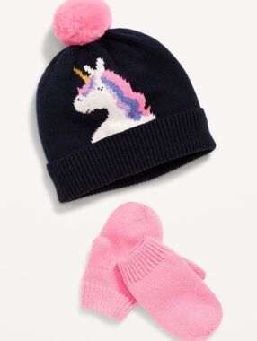 🆕️ Old Navy Knit Unicorn Pom Pom Beanie and Mittens Set for Toddler Girls